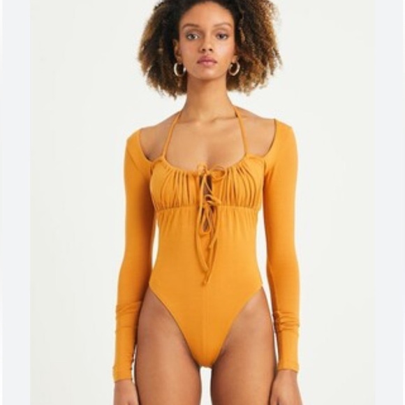 Iamnotbasic Tina bodysuit mustard orange I am not basic strappy ties Sz L - Picture 1 of 6